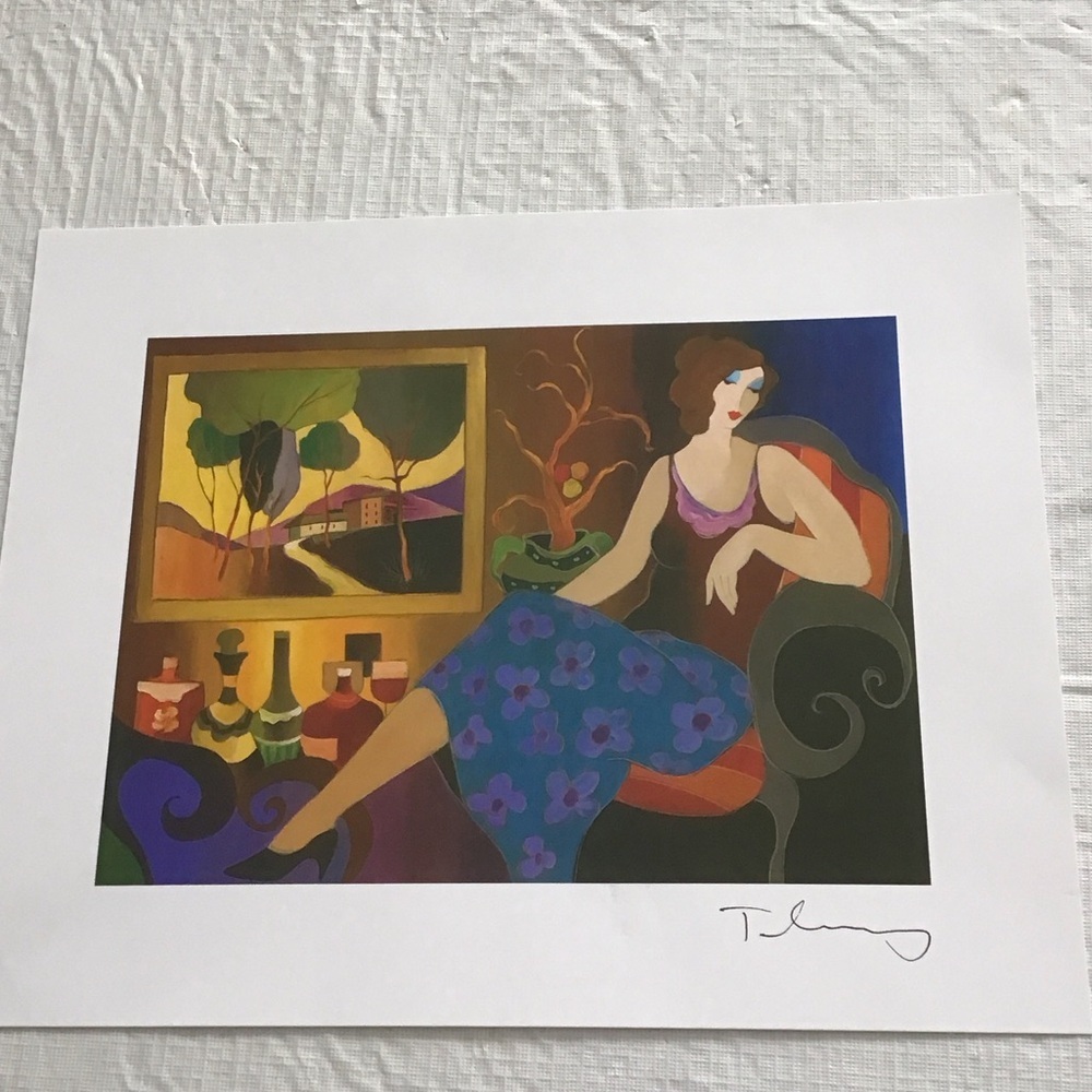 Colorful Woman in Chair Decorative Art Lithograph- Blue & Purple by Tarkay.
